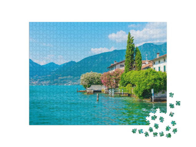 Puzzle 1000 pezzi „Vista del lago di Sulzano sul lago d'Iseo, Italia“