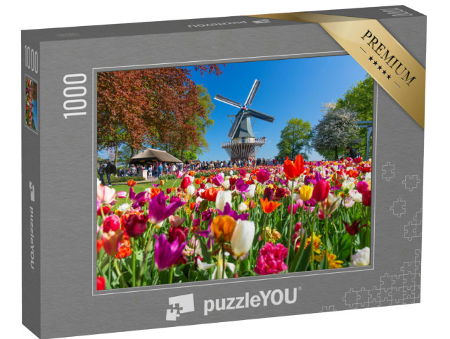 Puzzle 1000 pezzi „Giardino di tulipani e mulino a vento a Lisse, Olanda, Paesi Bassi“