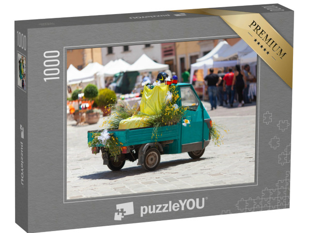 Puzzle 1000 pezzi „Auto da matrimonio tradizionale, Piaggio Ape, Castellucio Umbria, Italia“
