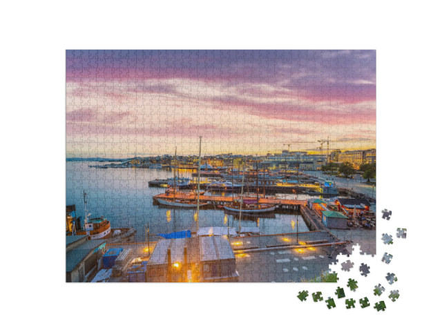 Puzzle 1000 pezzi „Skyline di Oslo con il centro città al tramonto, Norvegia“