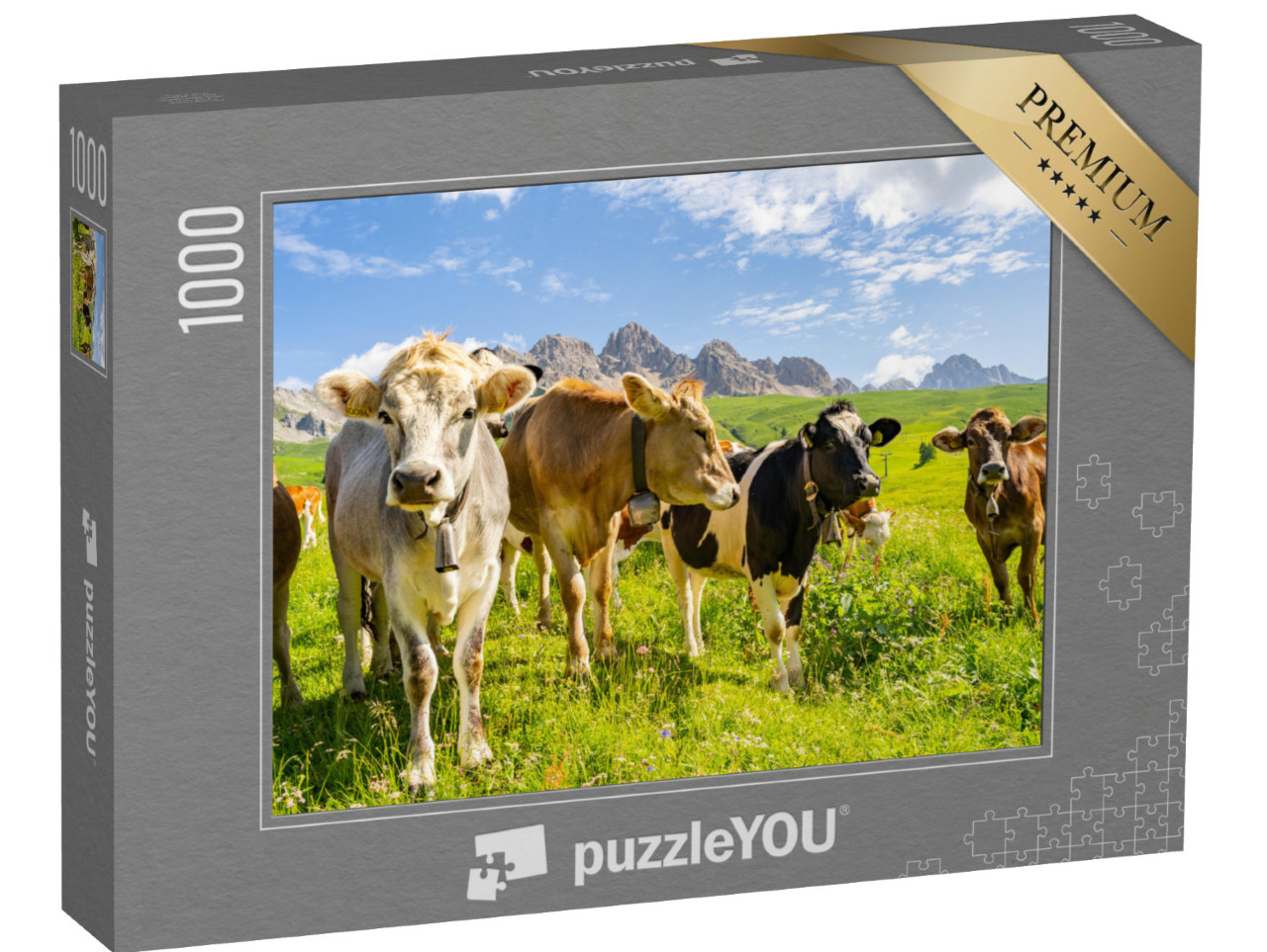 Puzzle 1000 pezzi „Paesaggio idilliaco con mandria di mucche sulle Alpi“