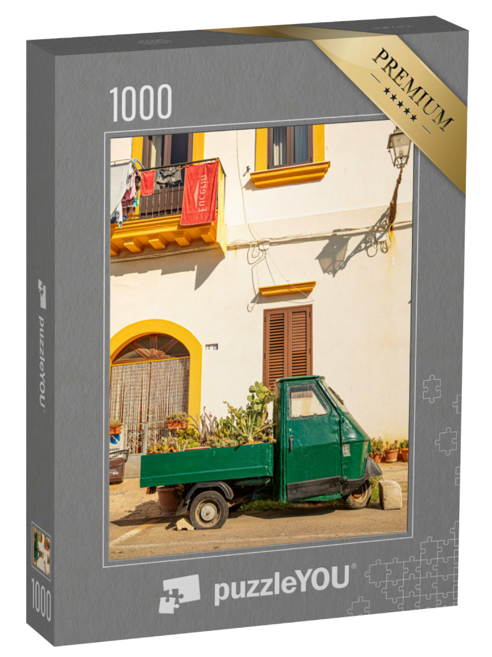 Puzzle 1000 pezzi „Cactus in una vecchia auto tradizionale a Gallipoli, Puglia, Italia“