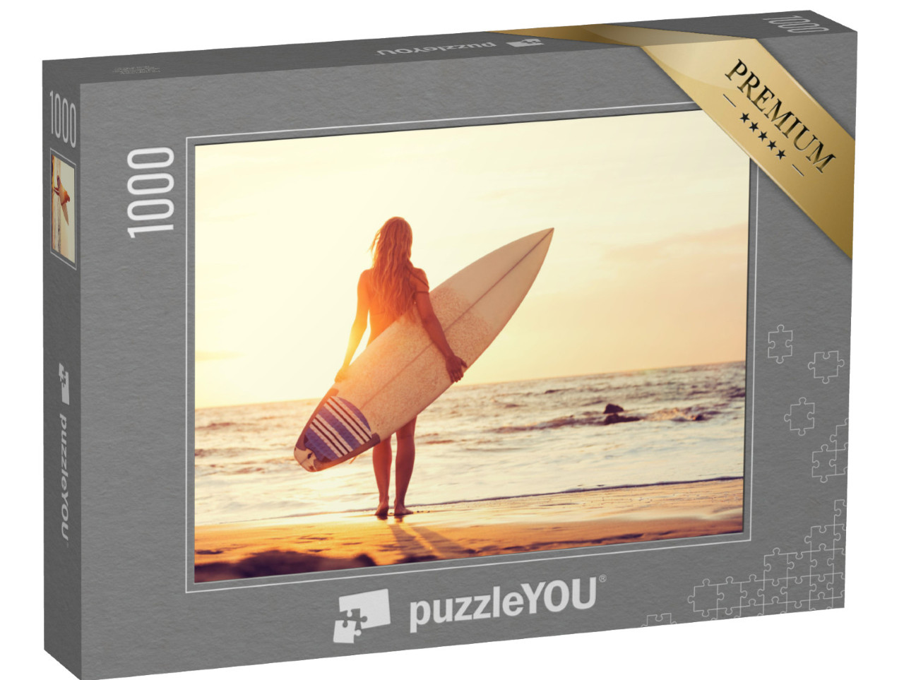 Puzzle 1000 pezzi „Surfista sulla spiaggia al tramonto“