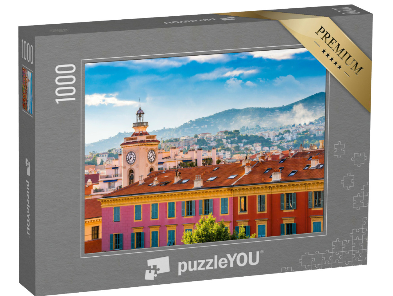 Puzzle 1000 pezzi „Torre dell'orologio a Port Lympia, centro storico di Nizza, Francia“