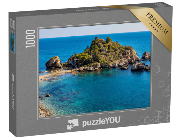 Puzzle 1000 pezzi „Vista panoramica del promontorio di Taormina con l'isola di Isola Bella sulle rive del Mar Ionio, Sicilia“