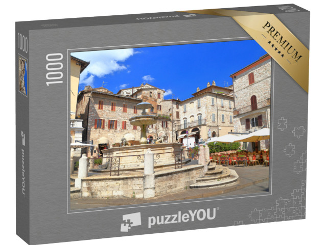 Puzzle 1000 pezzi „Piazza medievale con antica fontana ed edifici storici, Assisi, Umbria, Italia“