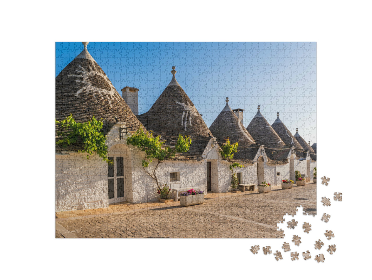 Puzzle 1000 pezzi „Famosi trulli storici in pietra a secco con tetti conici ad Alberobello, Italia.“