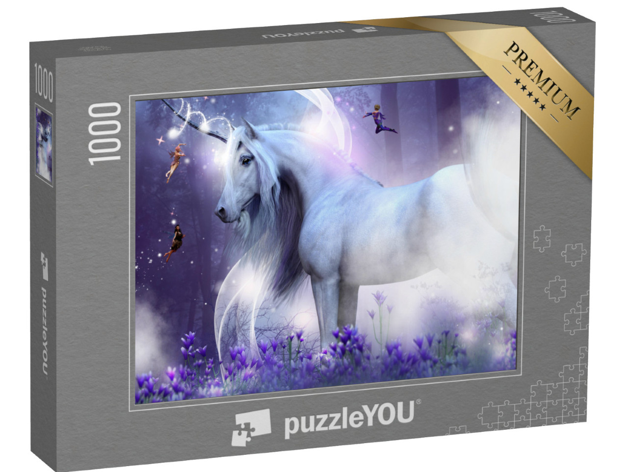 Puzzle 1000 pezzi „Maestoso unicorno con tre incantevoli fatine“