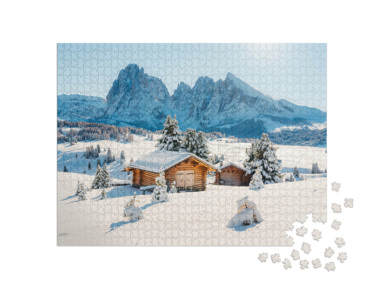 Puzzle 1000 pezzi „Paesaggio pittoresco con piccola capanna di legno sull'Alpe di Siusi all'alba, Dolomiti“
