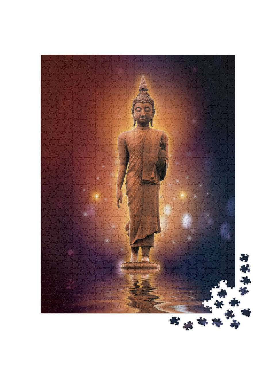 Puzzle 1000 pezzi „Statua di Buddha sull'acqua con sfondo dorato“
