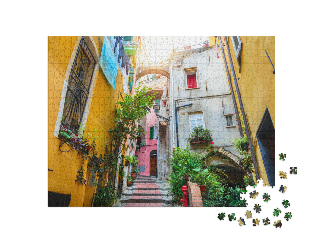 Puzzle 1000 pezzi „Una strada tradizionale e accogliente nella città di San Remo in Italia“