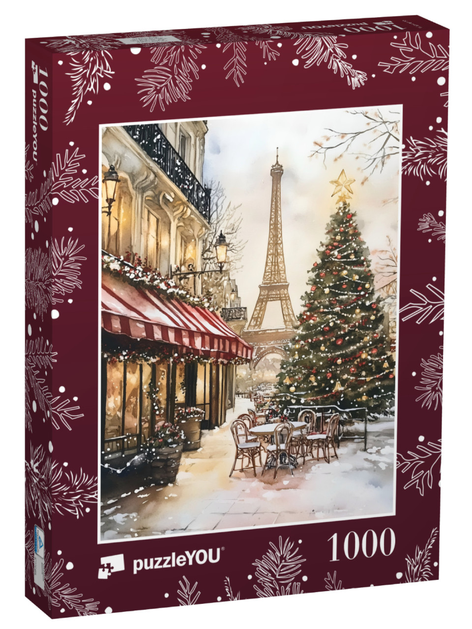 Puzzle 1000 pezzi „Natale a Parigi: acquerello con albero di Natale e Torre Eiffel“