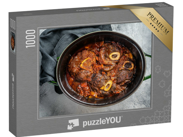Puzzle 1000 pezzi „Osso buco stinco di vitello tagliato a croce brasato con pomodori e spezie, ossobuco di manzo“