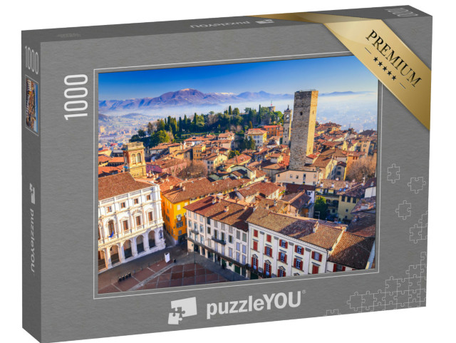 Puzzle 1000 pezzi „Bergamo: Piazza Vecchia e Torre del Gombito viste dal Campanone. Città Alta, bella giornata di sole.“