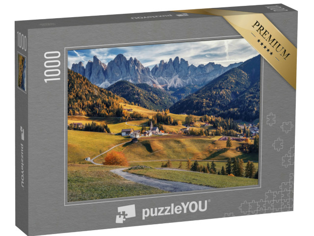 Puzzle 1000 pezzi „Villaggio e chiesa di Santa Maddalena, Dolomiti, Italia“