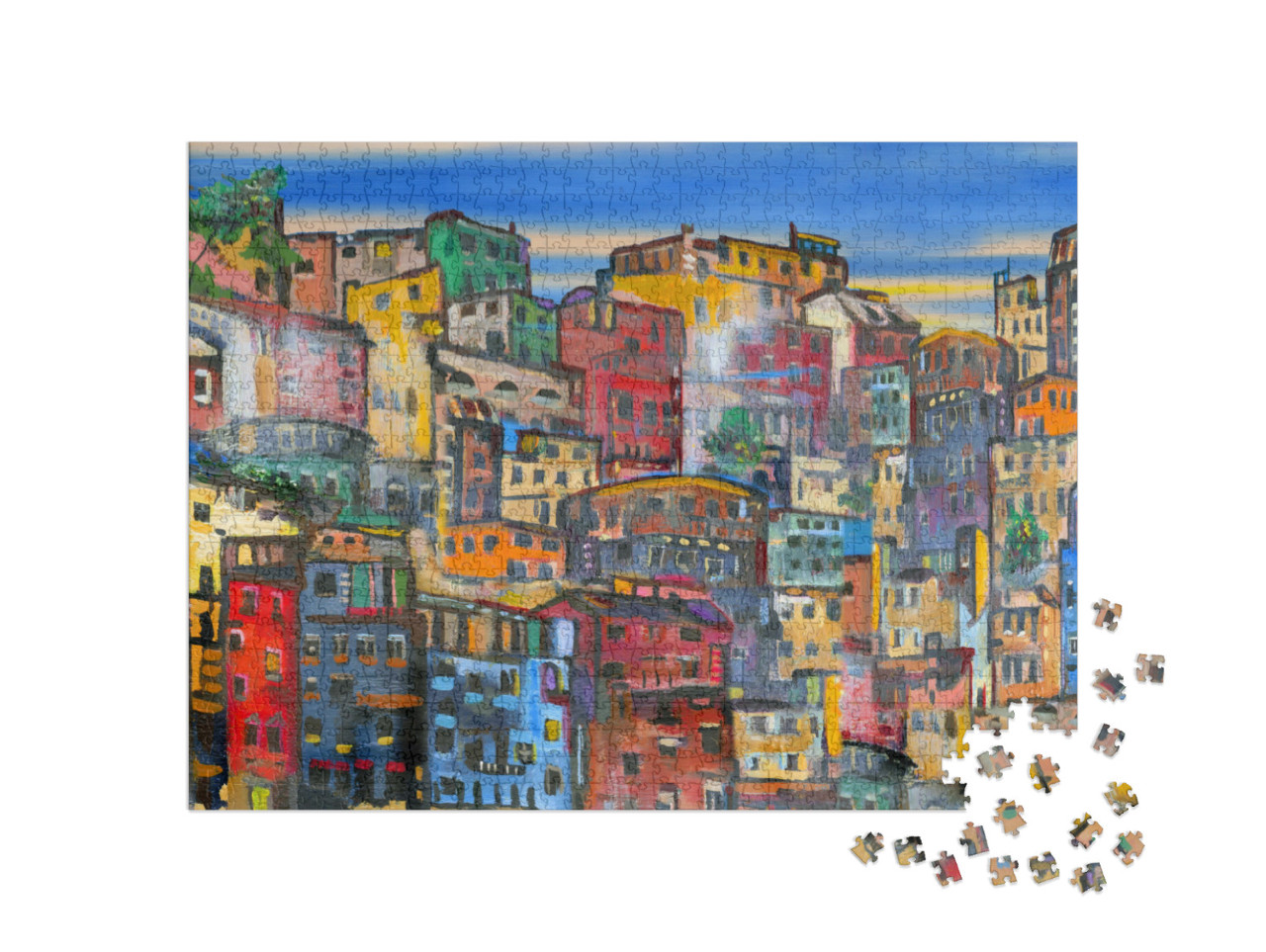 Puzzle 1000 pezzi „Illustrazione: Facciate di case colorate e densamente popolate“