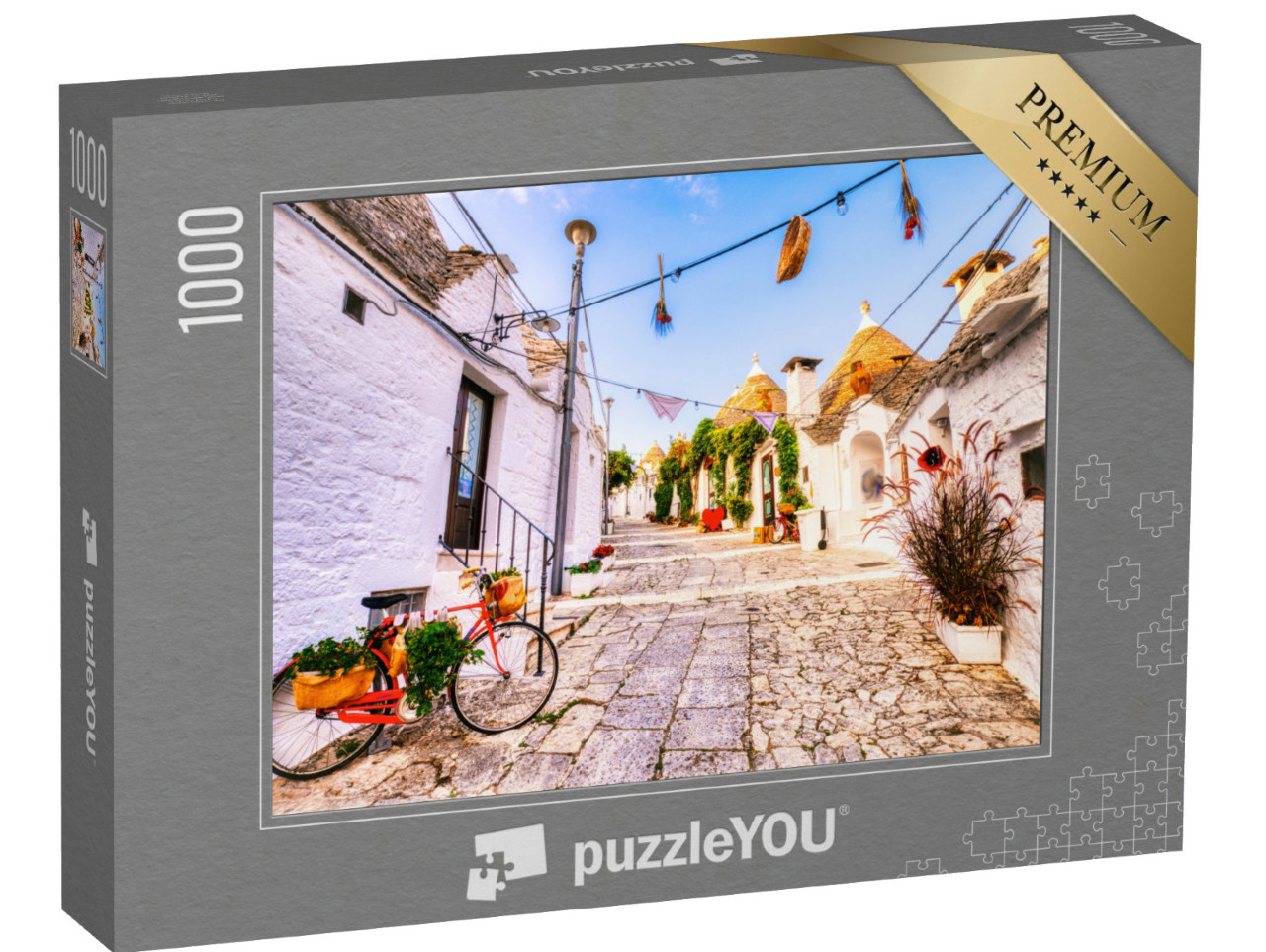 Puzzle 1000 pezzi „Famose case a trulli in una giornata di sole con cielo azzurro ad Alberobello, Puglia, Italia“