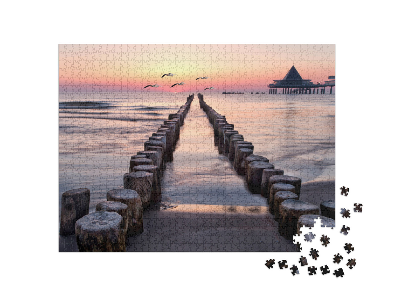 Puzzle 1000 pezzi „Alba con gabbiani sulla spiaggia di Usedom, Mar Baltico“