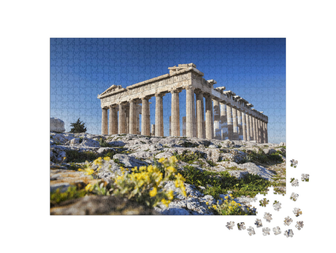 Puzzle 1000 pezzi „Il tempio del Partenone con i fiori di primavera sull'Acropoli“