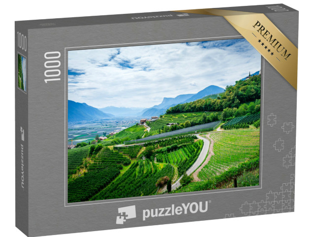 Puzzle 1000 pezzi „Escursione sulla roggia di Marlengo, vista sui vigneti e sulla città di Merano in Alto Adige“