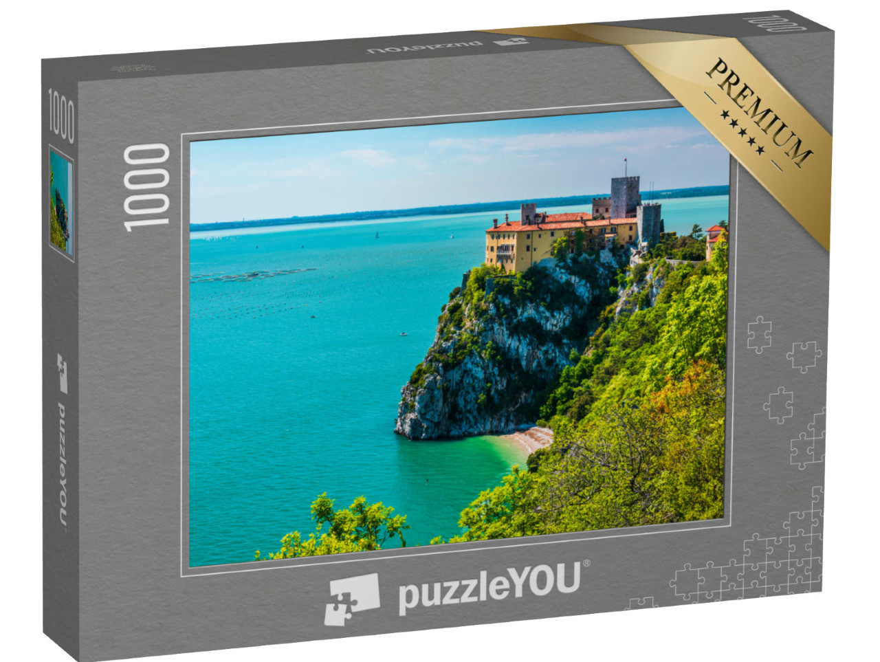 Puzzle 1000 pezzi „Golfo di Trieste. Alte scogliere Tra barche, rocce carsiche e antichi castelli. Duino. Italia“