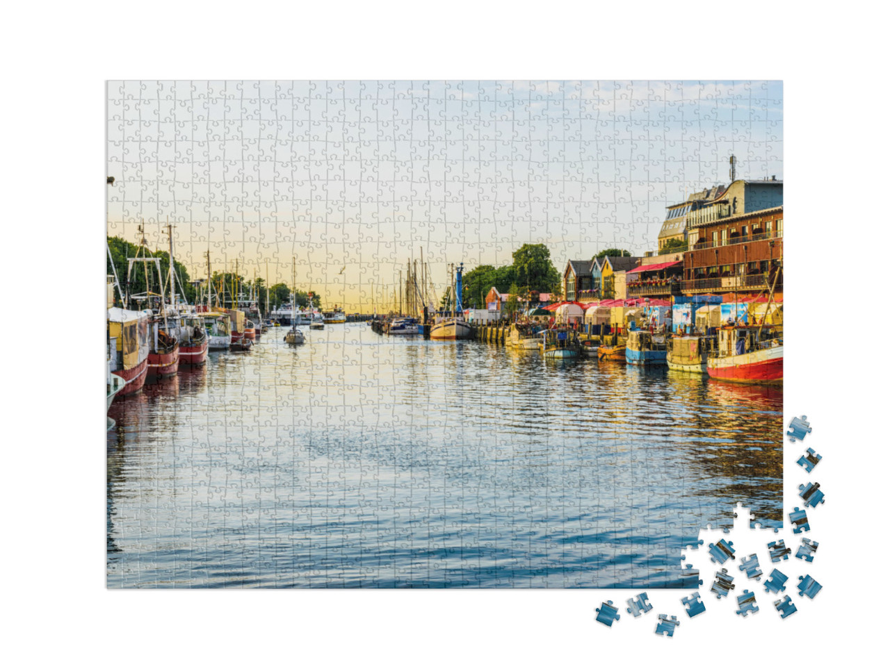 Puzzle 1000 pezzi XXL „Canale con navi e Mar Baltico a Warnemünde, Rostock, Germania“