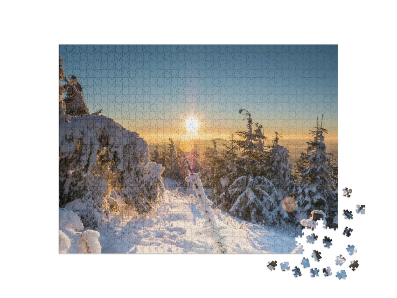 Puzzle 1000 pezzi „Tramonto sui Monti Metalliferi invernali, Germania“