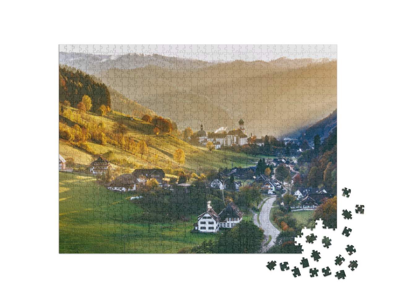 Puzzle 1000 pezzi „Case tradizionali: vista panoramica di Münstertal nella Foresta Nera, Germania“
