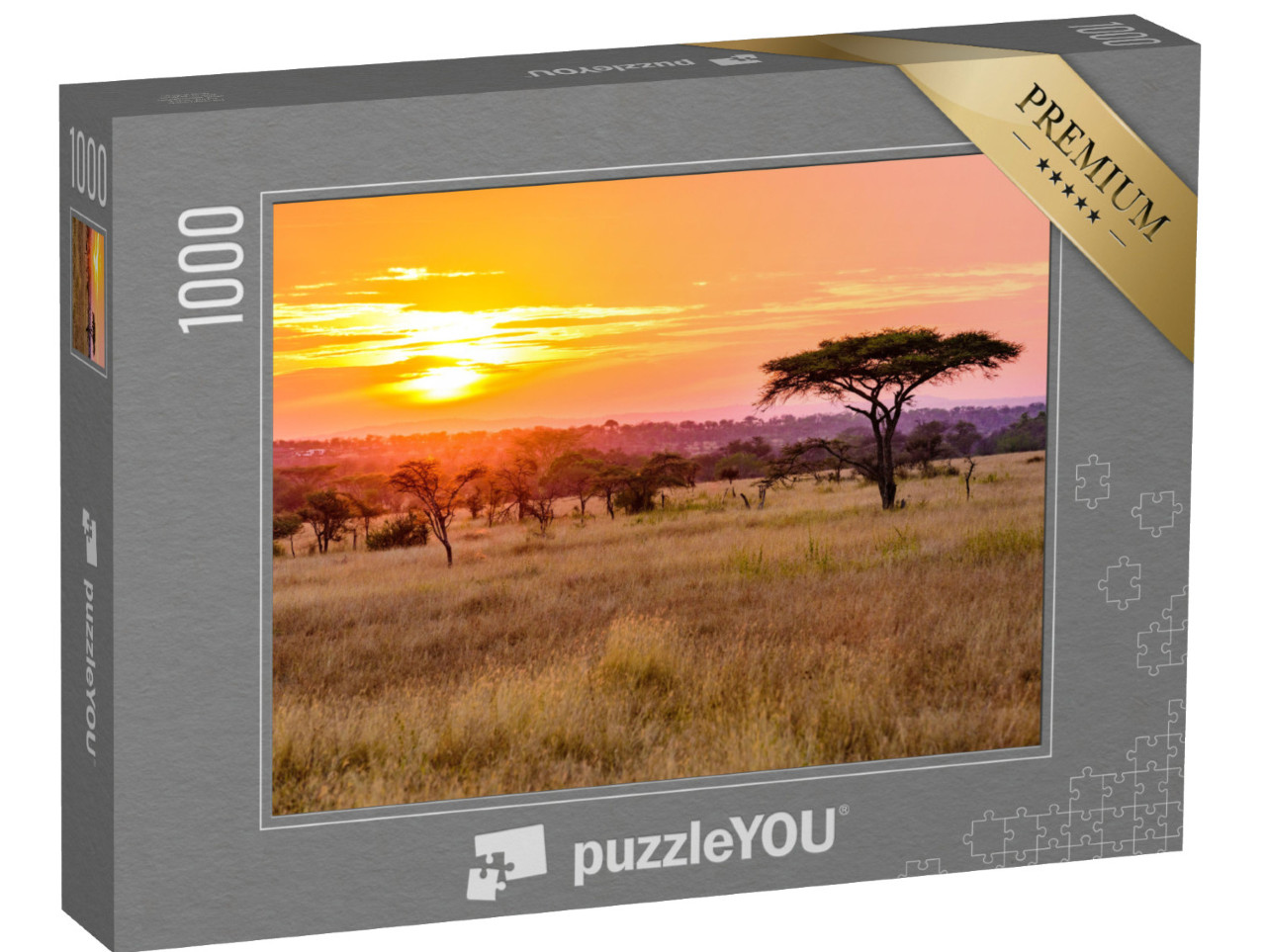 Puzzle 1000 pezzi „Tramonto nella savana africana con alberi di acacia, Tanzania“