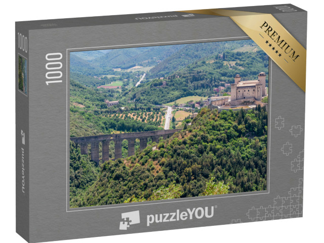 Puzzle 1000 pezzi „Bella vista dall'alto del Ponte delle Torri e della Rocca Albornoziana a Spoleto, Italia“