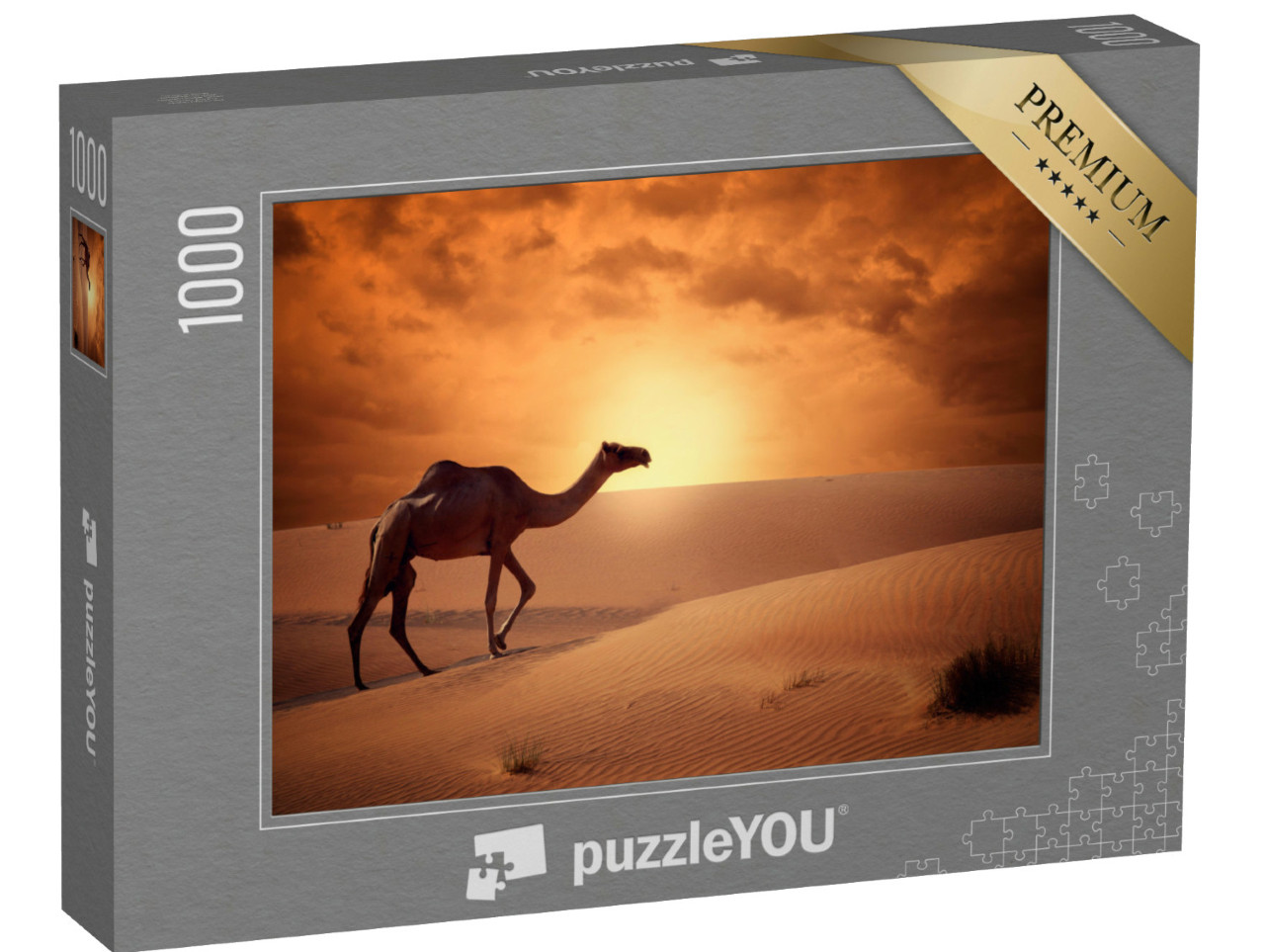 Puzzle 1000 pezzi „Cammello che attraversa il deserto all'alba“
