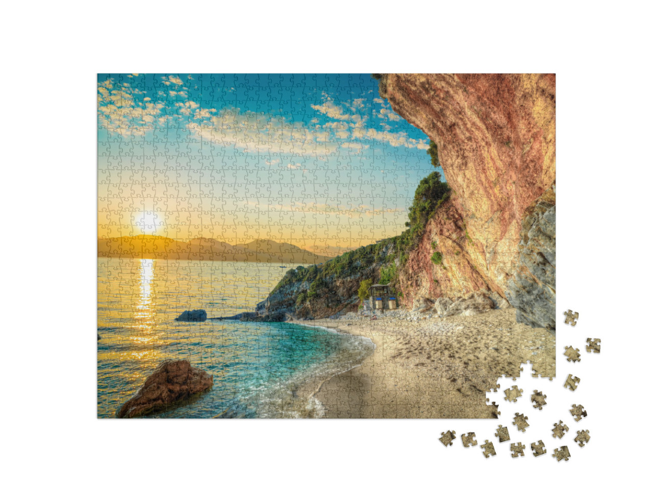 Puzzle 1000 pezzi „Bellissimo paesaggio con spiaggia e mare all'alba, Corfù, Grecia“