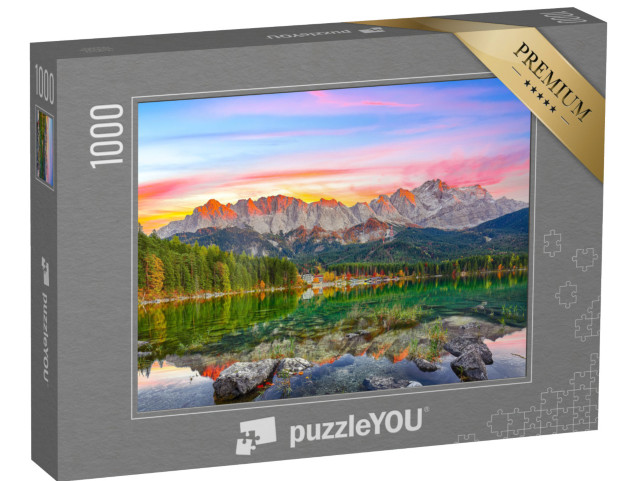 Puzzle 1000 pezzi „Paesaggio autunnale del lago Eibsee davanti alla cima dello Zugspitze al tramonto“