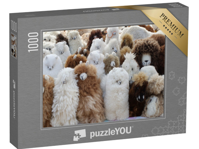 Puzzle 1000 pezzi „Peluche in pelliccia di lama al mercato artigianale di Otavalo, Ecuador“