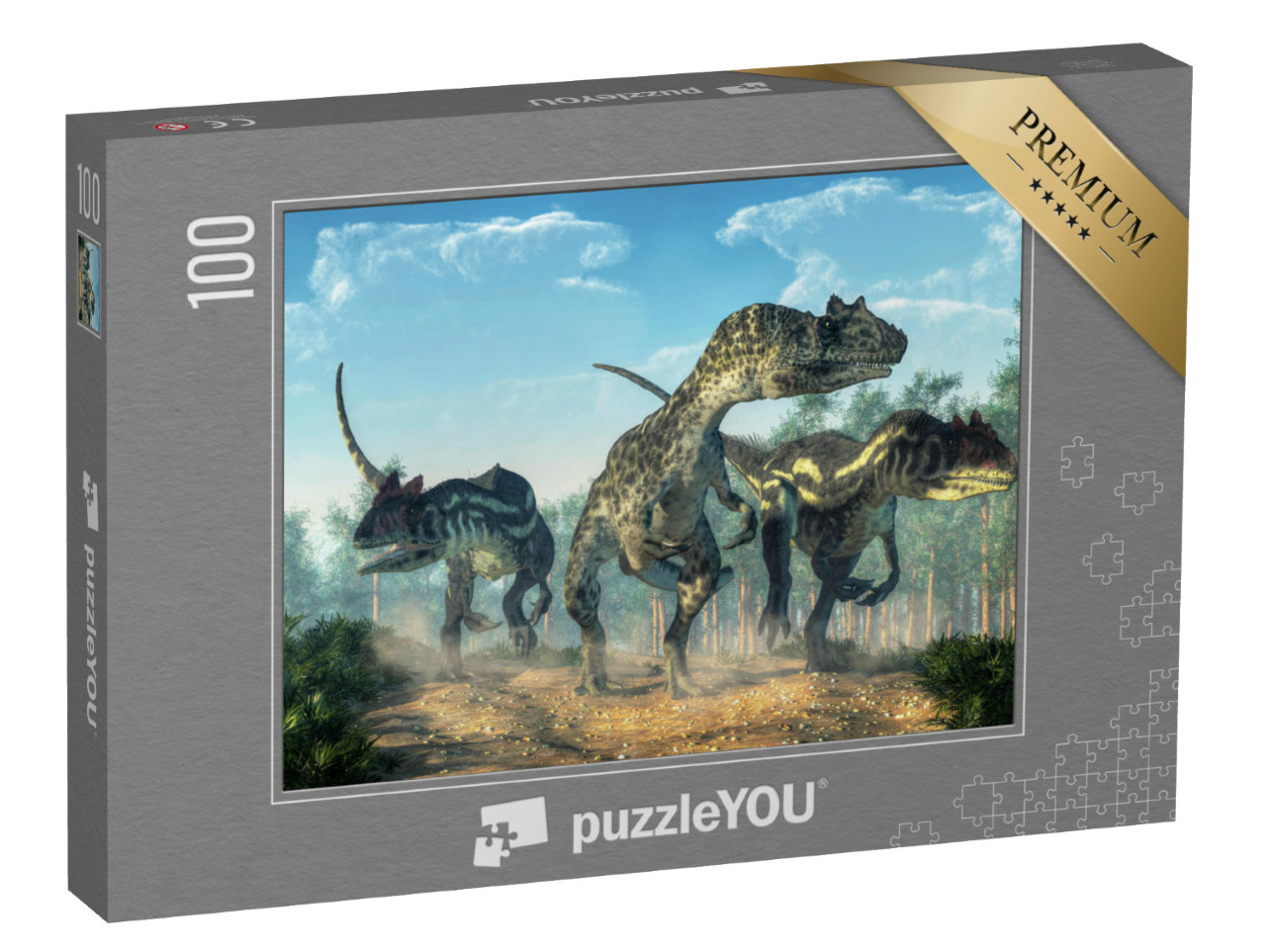 Puzzle 100 pezzi „Tre allosauri sollevano polvere“