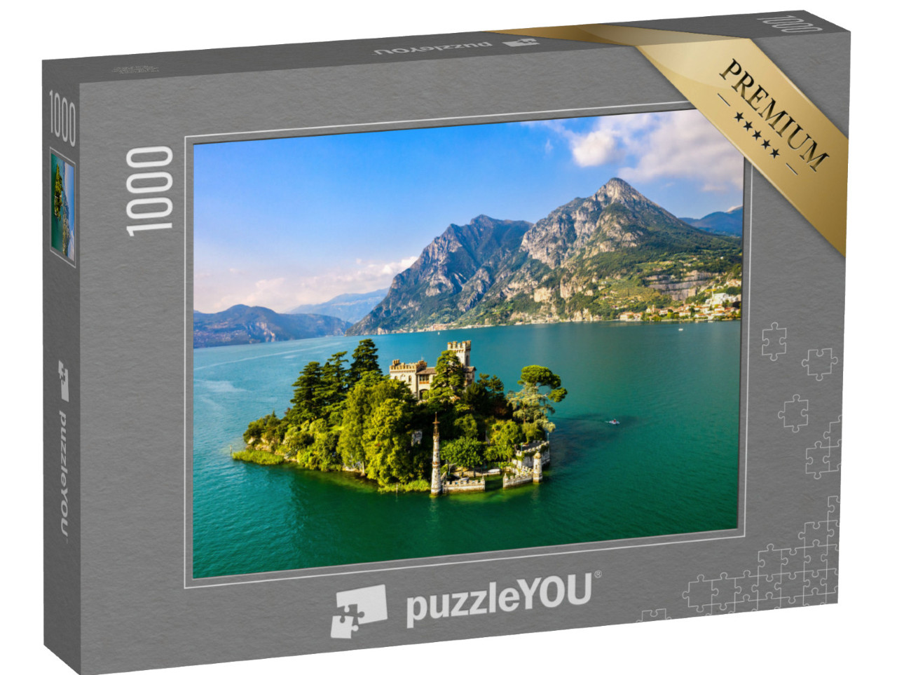Puzzle 1000 pezzi „Veduta aerea dell'isola di Loreto con il castello sul lago d'Iseo, nell'Italia settentrionale“