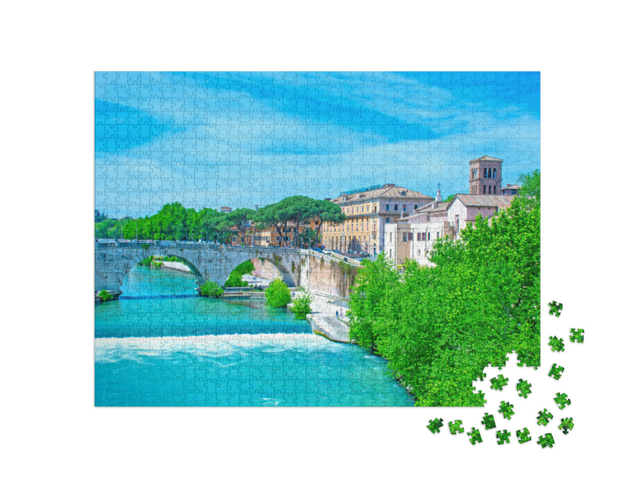 Puzzle 1000 pezzi „Roma, Isola Tiberina con ponte Cestio e la Basilica di San Bartolomeo sull'Isola“