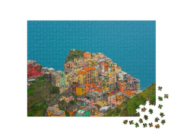 Puzzle 1000 pezzi „Vista colorata di Manarola dall'alto, Cinque Terre, Italia“