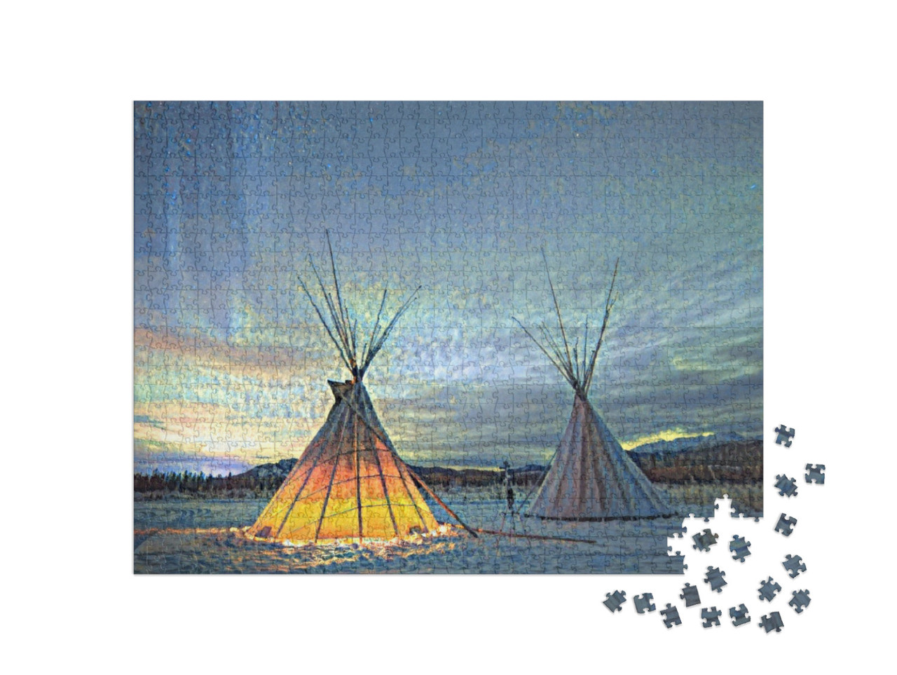 Puzzle 1000 pezzi „nello stile di Paul-Cezanne - Tipies sotto l'aurora boreale nello Yukon, Canada“