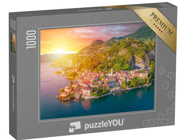 Puzzle 1000 pezzi „Città di Varenna e lago di Como, vista aerea epica al tramonto, Lombardia, Italia“