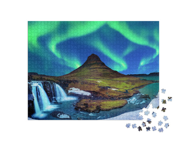 Puzzle 1000 pezzi „Aurora boreale a Kirkjufell, in Islanda“