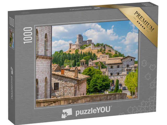 Puzzle 1000 pezzi „Vista panoramica di Assisi con la Rocca Maggiore e gli ulivi. Umbria, Italia.“