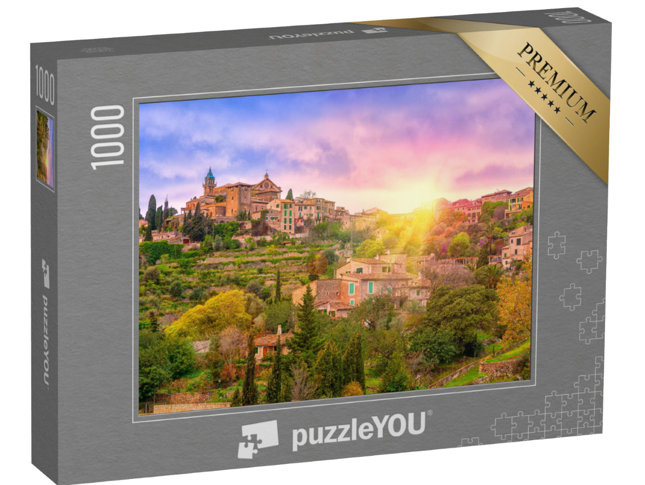 Puzzle 1000 pezzi „La valle di Valdemossa a Maiorca all'alba, Spagna“