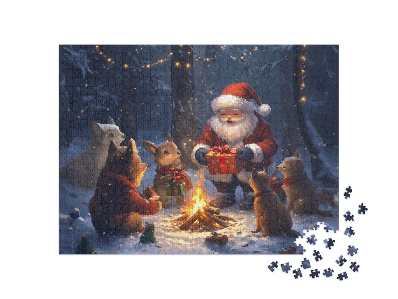 Puzzle 1000 pezzi „Natale nella foresta: bambini animali ricevono regali da Babbo Natale“