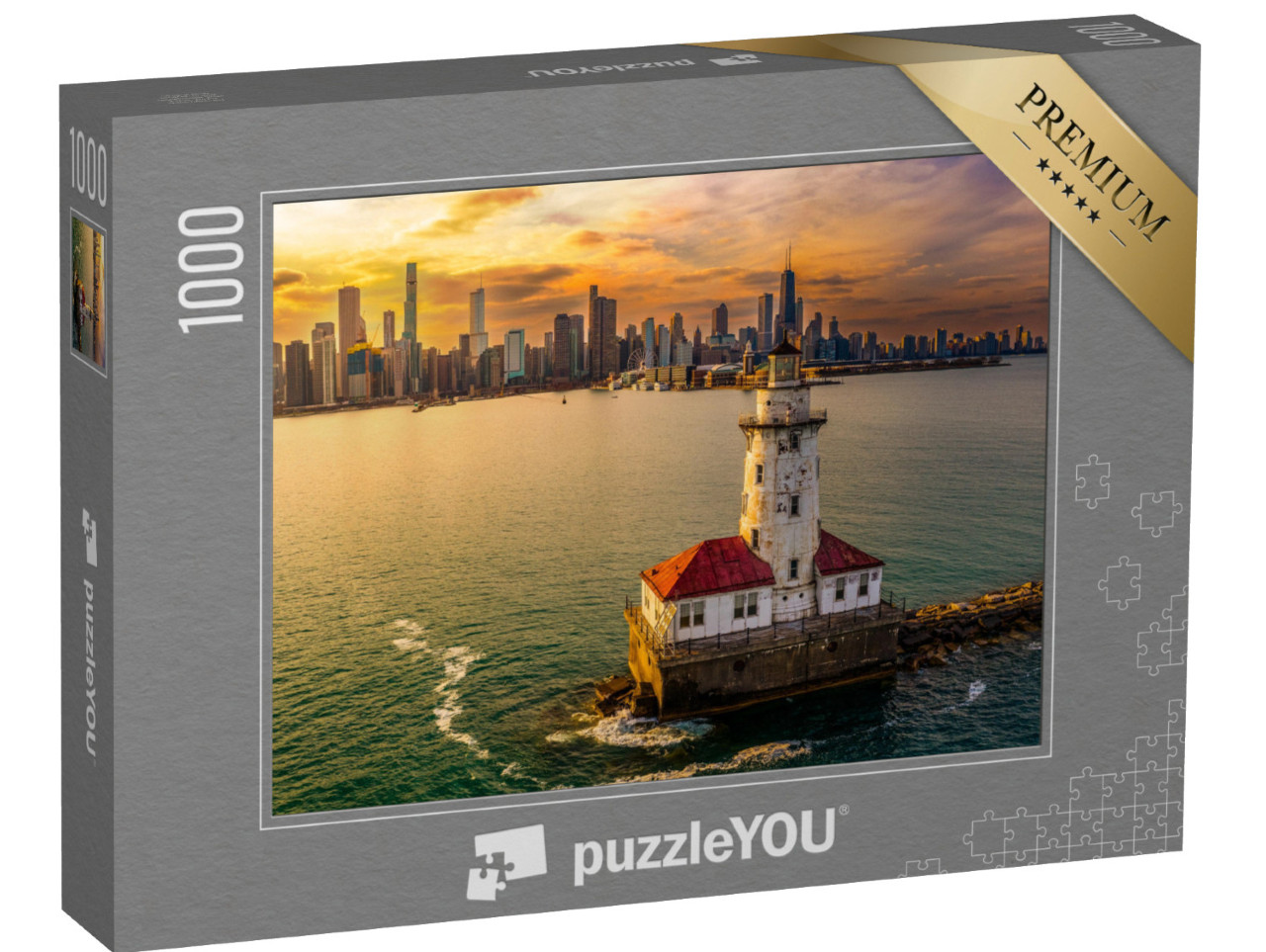 Puzzle 1000 pezzi „Il porto e il faro di Chicago al tramonto“