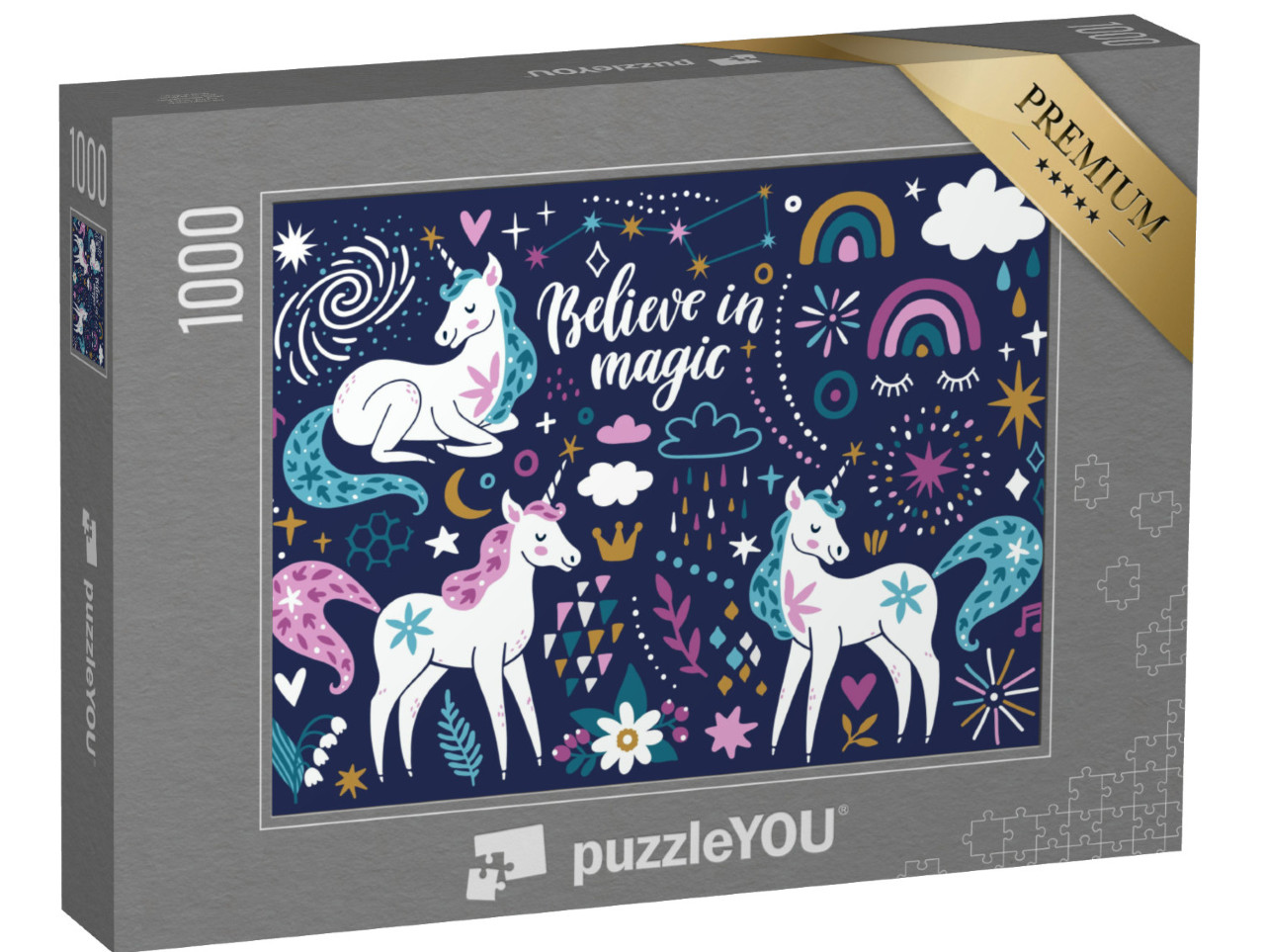 Puzzle 1000 pezzi „Unicorni, arcobaleni, nuvole, fiori, stelle e scintille“