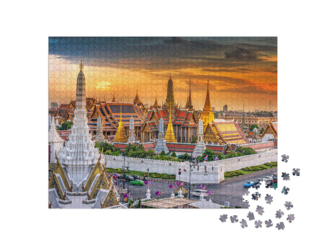 Puzzle 1000 pezzi „Il Grand Palace e il tempio Wat Phra Keaw al tramonto, Bangkok, Thailandia“