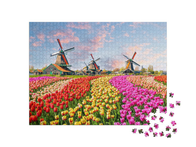 Puzzle 1000 pezzi „Idilliaci mulini a vento e tulipani, Paesi Bassi“