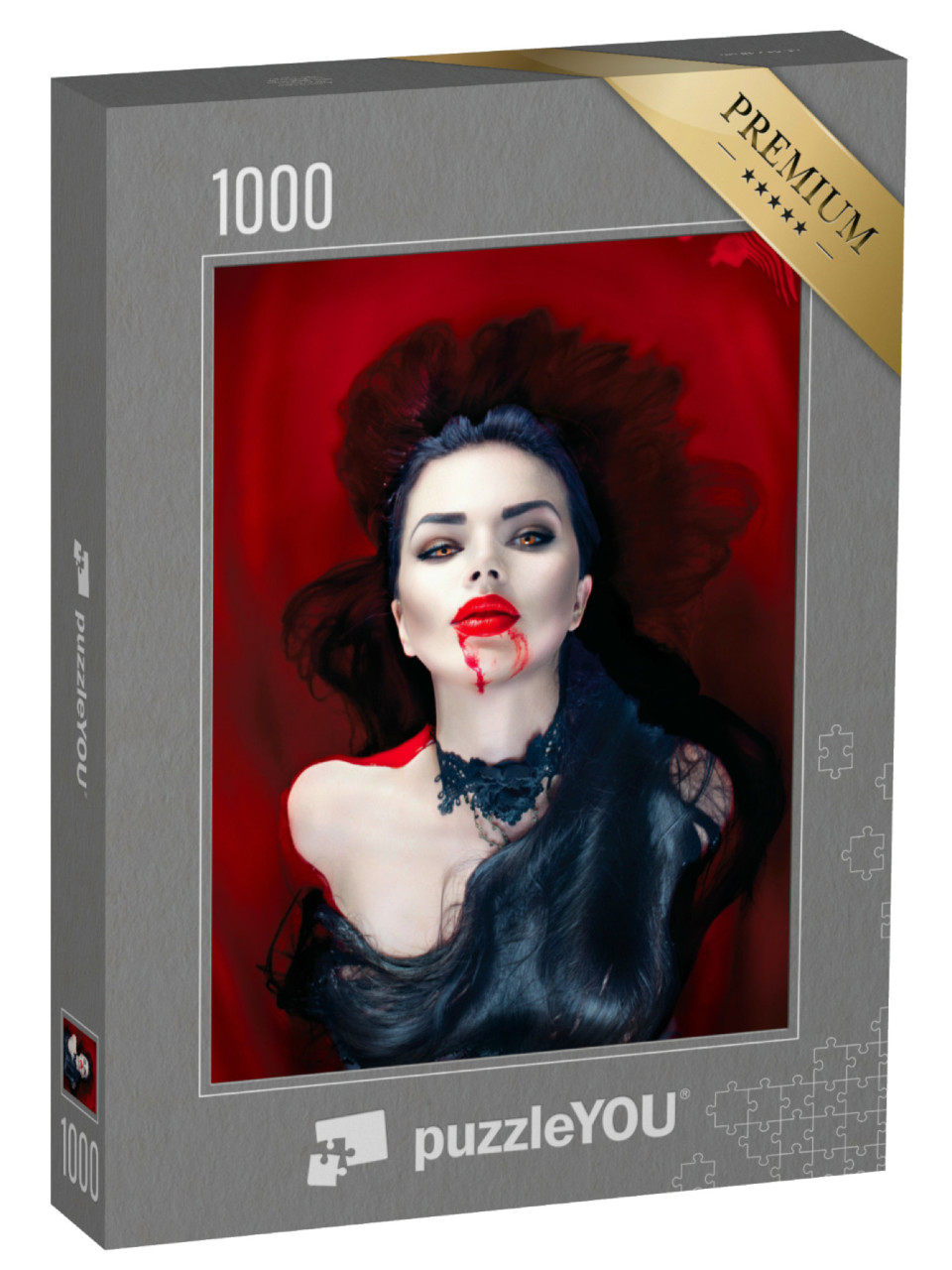 Puzzle 1000 pezzi „Una donna vampiro con i capelli neri e la bocca insanguinata“