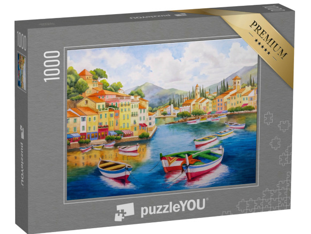 Puzzle 1000 pezzi „Acquerello disegnato a mano di Portofino panoramica, villaggio costiero, edifici colorati, barche“